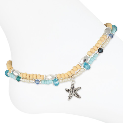 Double layer blue beaded starfish anklet with wooden beads beach jewelry coastal anklet
