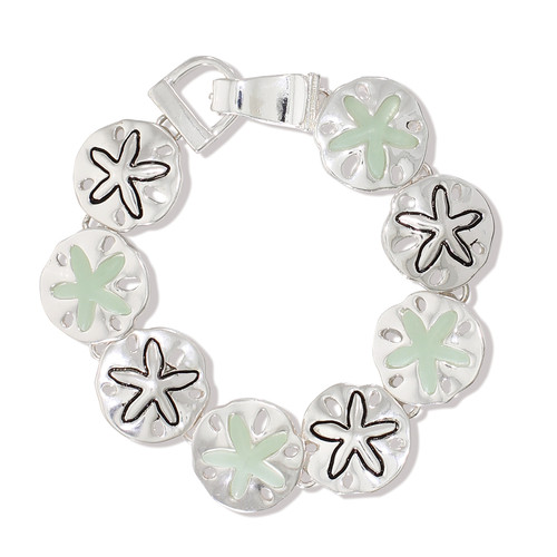Silver and mint enamel magnetic sand dollar link bracelet with magnetic closure on white background - coastal beach bracelet - Crabby Mermaid
