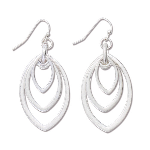 Burnished silver triple marquise hoop dangle earrings in graduated sizes on white background — coastal jewelry — Crabby Mermaid