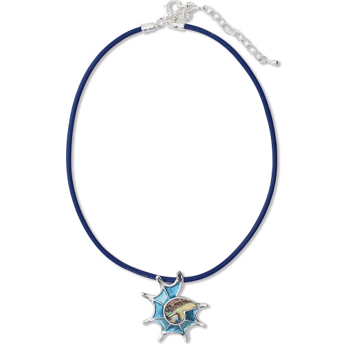 Abalone conch shell pendant necklace on navy blue cord with iridescent abalone inlay on white background — coastal jewelry — Crabby Mermaid