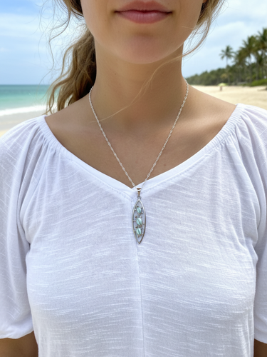 Larimar three sea turtle sterling silver marquise pendant necklace close-up worn on model showing turtle detail — Crabby Mermaid