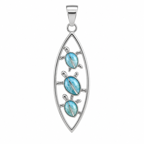 Larimar sea turtle necklace in sterling silver with three genuine Dominican Republic Larimar turtles — Crabby Mermaid