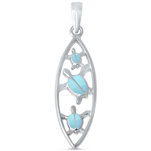 Larimar three sea turtle sterling silver marquise pendant necklace on white background — genuine Dominican Republic Larimar — Crabby Mermaid
Pendant Dimension:1.5"

This beautiful turtle pendant necklace is perfection!  We love the unique shape and it's very light for everyday wear.