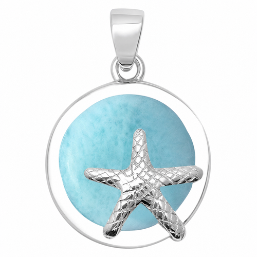 Larimar round starfish sterling silver pendant close-up on white background - genuine Dominican Republic Larimar - Crabby Mermaid