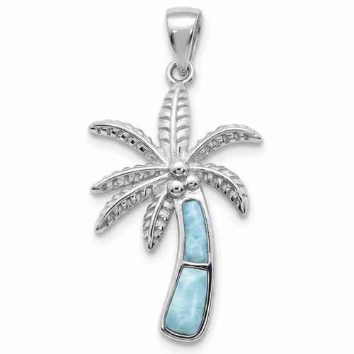 Larimar palm tree sterling silver pendant necklace on white background — genuine Dominican Republic Larimar — Crabby Mermaid