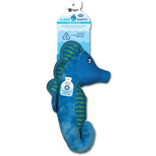 Clean Earth Plush Seahorse Dog Toy - Small

When you purchase this super cute Clean Earth Plush Seahorse Dog Toy, 
you and your dog can help remove waste plastic from the environment … one toy at a time! Something we are very passionate about at Crabby Mermaid. After all, where is a mermaid to live if the ocean isn't clean? Clean Earth plush toys are made from 100% Recycled plastic water bottles, including the fabric, stuffing, binding, and thread.

Each toy redirects waste from up to 9 plastic water bottles from ending up in oceans, waterways, and landfills. In addition, clean Earth plush toys include a built-in squeaker and durable construction. Not only are Clean Earth use recycled water bottles, but each toy can be recycled when your dog no longer plays with it … which means Infinite Loop Recycling! Be sure to check out our other sea creatures to complete your collection of eco-friendly dog toys. Let's all do our part to save our oceans!

Plush with squeaker, Recycled from water bottles, Recyclable. 100% RPET (Recycled Polyester/PET Plastic).

Dimensions:9" l x 4" w x 2.5" h