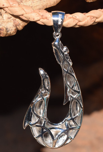 Men’s sterling silver fish hook necklace with 18-inch cork rope chain – rugged, waterproof ocean jewelry for fishermen, surfers, and sailors