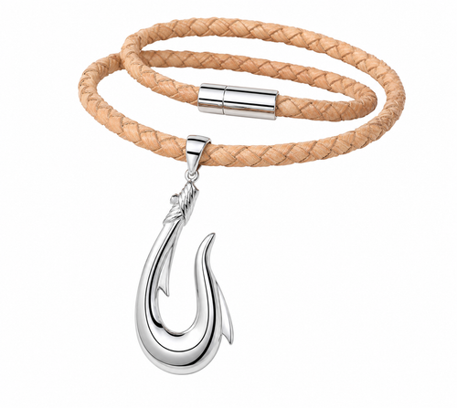 Sterling silver fish hook necklace on braided natural Portuguese cork with magnetic clasp - white background - Crabby Mermaid