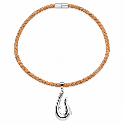 Sterling silver fish hook necklace on natural braided cork with magnetic clasp - Crabby Mermaid