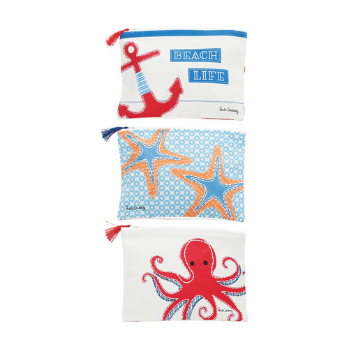 Beach Life Coastal Cosmetic Bag 
With these cute coastal-style cosmetic bags, take a piece of the beach with you wherever you go. These bags are made of 100% cotton. These super stylish beach-inspired bags are bright and cheery and perfect for throwing in a beach bag, taking along on your cruise or beach vacation, storing make-up at home, or any other reason you need a small zipper bag.

Complete with a coordinating tassel for easy opening and closing to keep your items safe from falling out.

The Octopus Bag
This bag is made of 100% cotton and measures 7” L x 9.8” W
Featuring bright red and blue colors with detailed stitching to make the bag shine
The bag features a zipper on top with a matching tassel for easy closing and securing your valuables
The material is super soft and easy to pack
The Starfish Bag
This bag is made of 100% cotton and measures 7” L x 9.8” W
Featuring bright blue and orange colors with detailed stitching in white
The bag features a zipper on top with a matching tassel for easy closing and securing your valuables
The material is super soft and easy to pack
The Beach Life Anchor Bag 
This bag is made of 100% cotton and measures 7” L x 9.8” W
The anchor is red, white, and blue for a perfect coastal look, and the blue blocks with white lettering with the words “Beach Life” and finished off with a blue band across the top
The bag features a zipper on top with a matching tassel for easy closing and securing your valuables
The material is super soft and easy to pack
So, what are you waiting for?  
Grab one today! Can’t decide which one? Then get them all! These bags also make great gifts for your friends and family.