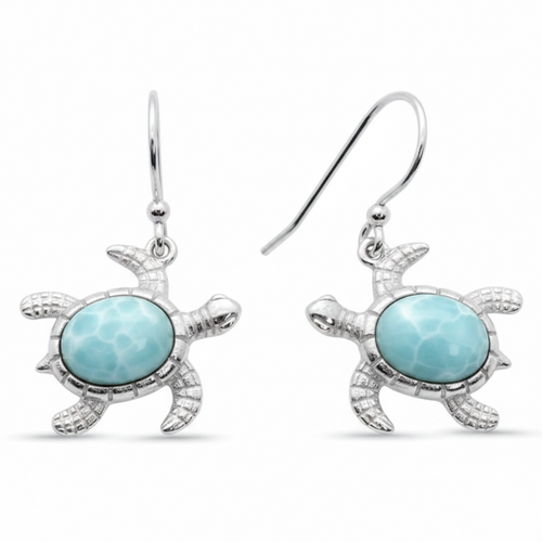Larimar sea turtle drop earrings in .925 sterling silver on white background — genuine Dominican Republic Larimar — Crabby Mermaid