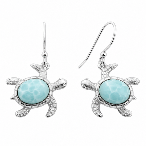 Larimar sea turtle drop earrings in .925 sterling silver on white background — genuine Dominican Republic Larimar — Crabby Mermaid