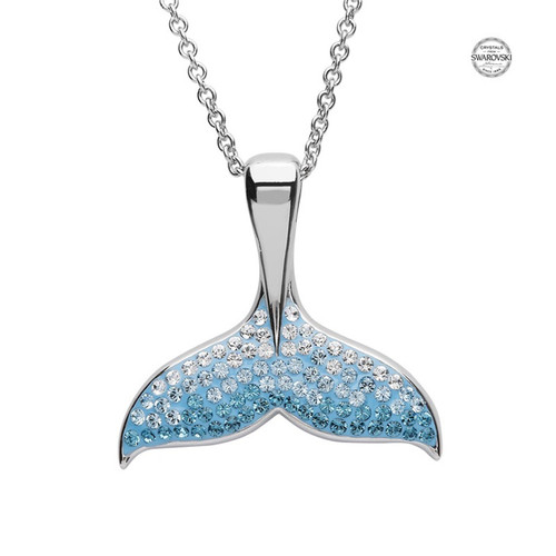 Sterling silver aqua Swarovski crystal whale tail necklace with turquoise flukes — handcrafted in Ireland Dublin Assay Office — Crabby Mermaid