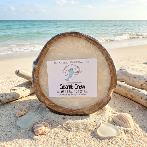 Coconut cream coconut shell candle on sandy beach with driftwood and seashells — soy coconut wax candle — Crabby Mermaid