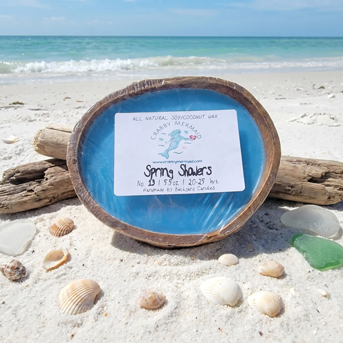 Spring showers coconut shell candle on sandy beach with driftwood and seashells — blue soy coconut wax candle — Crabby Mermaid