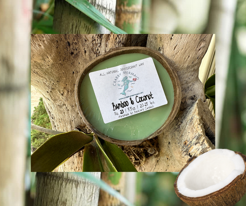 Bamboo and coconut half shell coconut candle nestled in bamboo tree with split coconut ‚Äî green soy coconut wax candle ‚Äî Crabby Mermaid