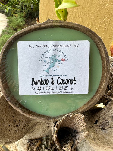 Indulge in a soothing spa-like experience with this 5.5oz Bamboo and Bamboo and coconut coconut shell candle resting on driftwood outdoors — all natural soy coconut wax candle — Crabby Mermaid