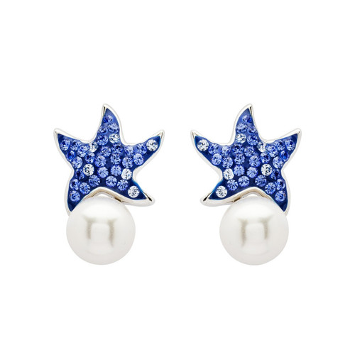 Sterling silver pearl and sapphire crystal starfish stud earrings - Drops of Joy collection handcrafted in Ireland - Crabby Mermaid