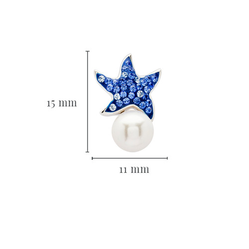 Sterling silver starfish stud earrings 11mm x 15mm with sapphire crystals and 5mm pearl — Dublin Assay Office Irish jewelry