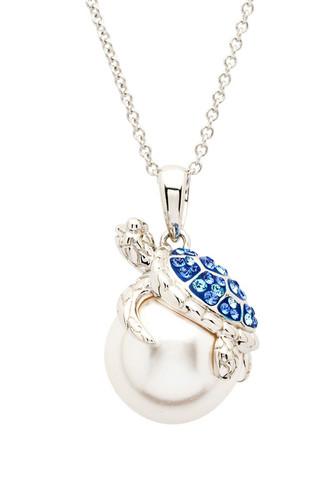 Crabby Mermaid Sterling Silver Sea Turtle Necklace with pearl and sapphire crystals, an elegant ocean-inspired jewelry gift for beach lovers.