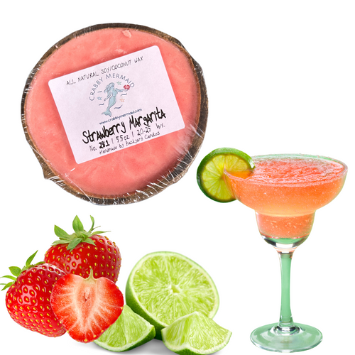 Strawberry margarita coconut shell candle with fresh strawberries limes and frozen margarita on white background — Crabby Mermaid