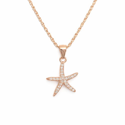 Rose gold plated pavé cubic zirconia starfish necklace on white background - 16mm sterling silver starfish pendant - Crabby Mermaid