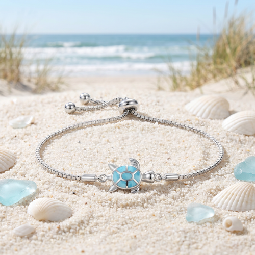 Larimar sea turtle adjustable bracelet in sterling silver displayed on white sand with seashells and sea glass ‚Äî Florida Gulf Coast beach ‚Äî Crabby Mermaid