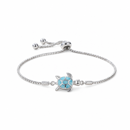 Larimar sea turtle adjustable bracelet in sterling silver on white background showing bolo clasp and genuine Larimar turtle charm - Crabby Mermaid