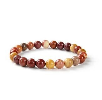 Mookaite 8mm gemstone beaded bracelet on white background — genuine mookaite in deep red, burgundy and mustard yellow — Crabby Mermaid