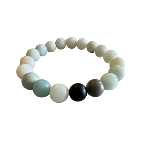 Amazonite 10mm gemstone beaded stretch bracelet on white background ‚Äî soft seafoam blue cream and charcoal beads ‚Äî Crabby Mermaid