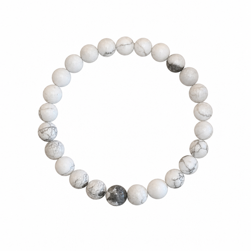 Howlite gemstone beaded stretch bracelet with white and gray marbled beads on white background - Crabby Mermaid