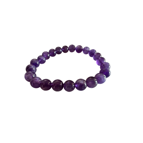 Amethyst gemstone beaded stretch bracelet with deep purple beads on white background — Crabby Mermaid