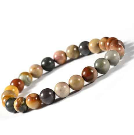 Polychrome jasper gemstone beaded stretch bracelet with multicolor earthy tone beads on white background — Crabby Mermaid