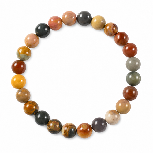 Polychrome jasper gemstone beaded stretch bracelet on white background — 8mm multicolor earthy tone natural stone beads — Crabby Mermaid