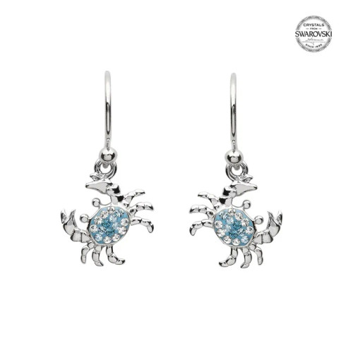 Sterling silver crab drop earrings with aqua blue and white Swarovski crystals on white background — handcrafted in Ireland — Crabby Mermaid