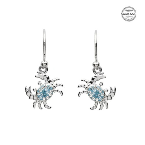 Sterling silver crab drop earrings with aqua blue and white Swarovski crystals on white background - handcrafted in Ireland - Crabby Mermaid