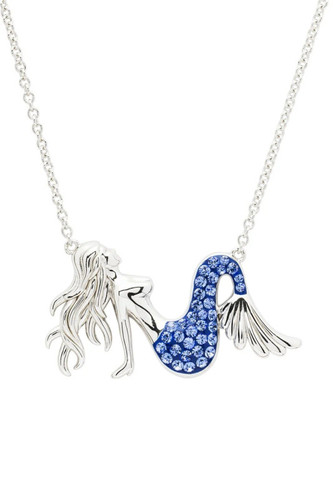 Sterling silver mermaid necklace with sapphire blue crystals on white background - handcrafted in Ireland - Crabby Mermaid