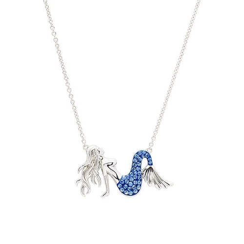 Sterling silver mermaid necklace with sapphire blue crystals on white background - handcrafted in Ireland - Crabby Mermaid