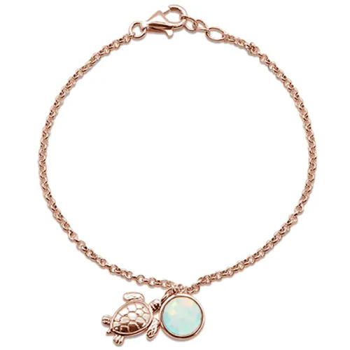 Elevate your style with our Round Rose Gold Plated White Opal Turtle Bracelet. Crafted from .925 sterling silver and adorned with a mesmerizing white opal, this 7.5" beauty brings the ocean's charm to your wrist. Dive into elegance and fun with the Crabby Mermaid. Get yours today and make a splash in style! ???