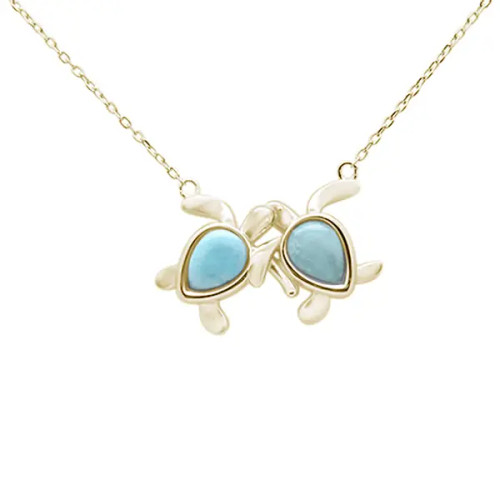 Discover the Crabby Mermaid Yellow Gold Plated Natural Larimar Two Turtles Love Friendship Necklace. Exquisite coastal-style jewelry for turtle lovers. Shop now for a touch of the sea's magic!