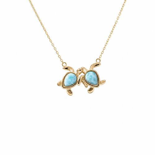 Yellow gold plated Larimar two turtle pendant necklace in sterling silver on white background — genuine Dominican Republic Larimar — Crabby Mermaid