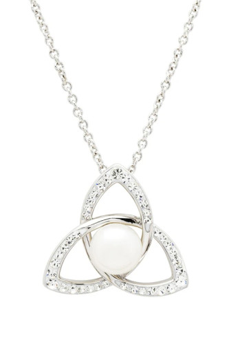 Platinum plated Trinity Knot pendant necklace with freshwater pearl and Swarovski crystals - 18 inch chain - handcrafted in Ireland - Crabby Mermaid