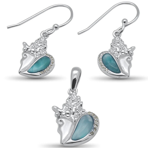 Larimar and cubic zirconia conch shell pendant and matching dangle earrings in sterling silver — genuine Dominican Republic Larimar — Crabby Mermaid