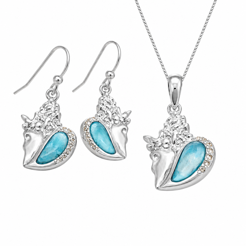 Larimar and cubic zirconia conch shell necklace and earring set in sterling silver on white background — genuine Dominican Republic Larimar — Crabby Mermaid