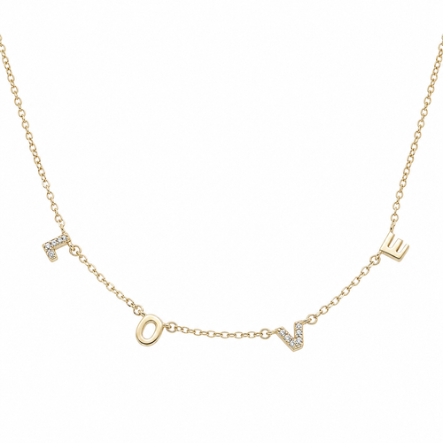 Gold LOVE CZ necklace in sterling silver with cubic zirconia on L and V letters - white background - Crabby Mermaid