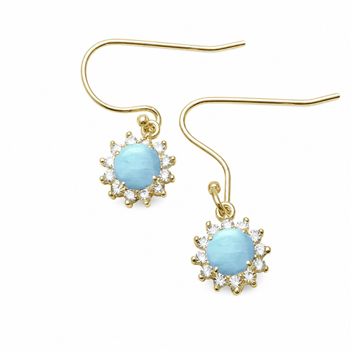 Gold plated Larimar and cubic zirconia drop earrings in sterling silver on white background - Crabby Mermaid