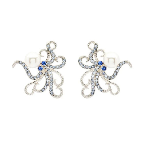 Sterling silver octopus stud earrings with freshwater pearl and blue crystals on white background — 22mm x 20mm — handcrafted in Ireland — Crabby Mermaid