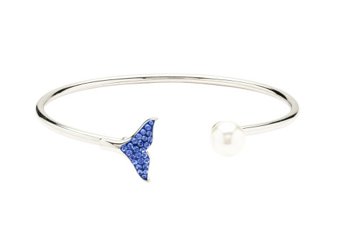 Sterling silver open cuff bangle with sapphire crystal whale tail and freshwater pearl ‚Äî side angle view ‚Äî handcrafted in Ireland ‚Äî Crabby Mermaid