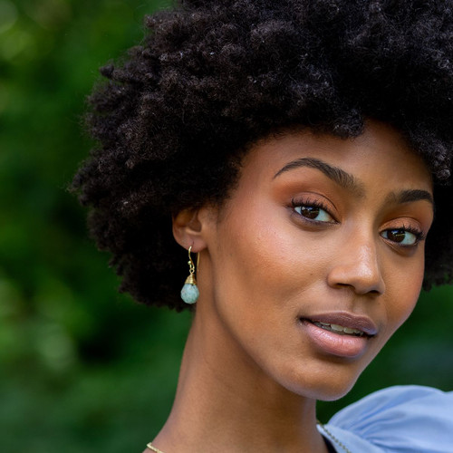 Shop Crabby Mermaid's Gold-Plated Amazonite Jasper Teardrop Earrings by Anju. Handcrafted with ethically sourced gemstones and gold-plated for timeless elegance, these lightweight, artisan earrings are the perfect gift for gemstone lovers. Discover unique, ocean-inspired jewelry today!
