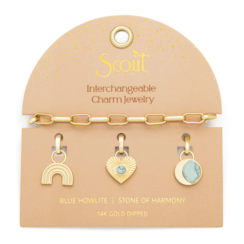 Add a splash of ocean-inspired flair with Crabby Mermaid's Interchangeable Charm Bracelet in Blue Howlite & Gold. Customize with mix-and-match charms for endless coastal style! Hypoallergenic, adjustable, and perfect for sensitive skin.